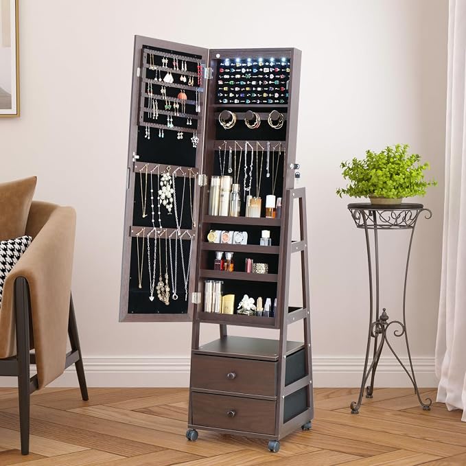 Jewelry Armoire Cabinet Organizer Standing with 20 LED Lights Lockable Full Length Mirror with Storage Shelves and 2 Drawers (Brown) Adjustable Tilt Angles Gift for Her