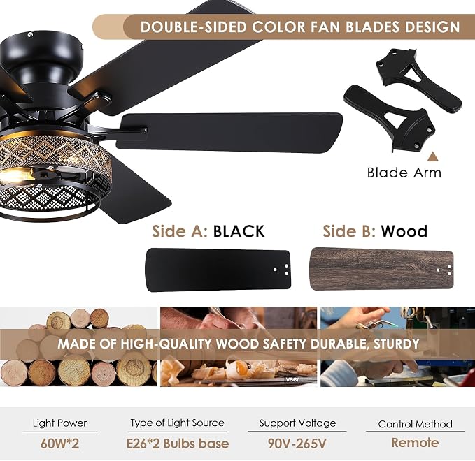 Hounberi 48 Inch Ceiling Fans with Lights and Remote Control, Flush Mount Industrial Black Ceiling Fan, Dual Finish 6 Blades, Reversible DC Motor, Rustic Caged Ceiling Fans for Living Room Bedroom