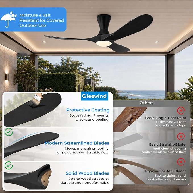 52 inch Smart Flush Mount Ceiling Fans with Lights, Low Profile Ceiling Fan with WIFI Alexa and App Remote Control, Quiet DC Motor, 3 Blades Wood Modern fan for Indoor Outdoor Bedroom Patio, Black