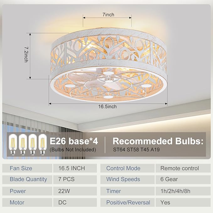 ZYD Caged Ceiling Fan with Light, 16.5" Rust White Bedroom Ceiling Fans, Caged Ceiling Fan with Light Flush Mount, Low Profile Ceiling Flush Mount Fans for Home Art