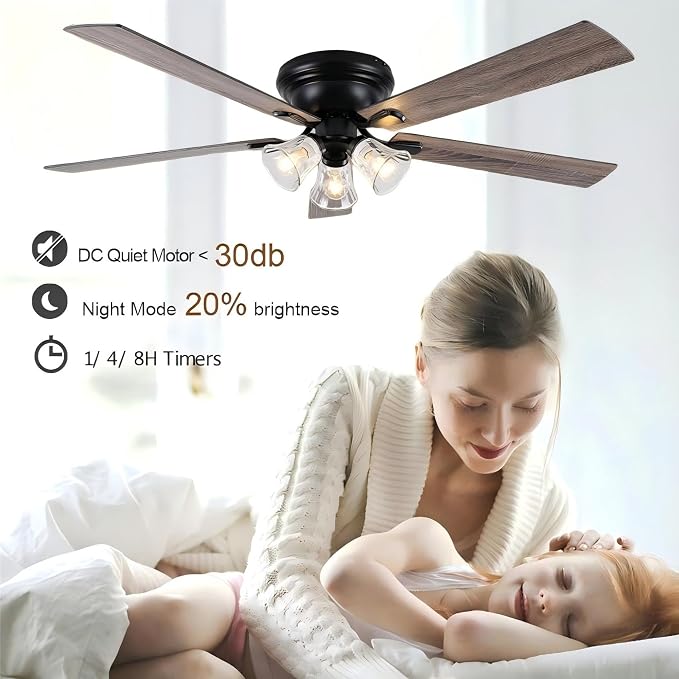 60" Vintage Ceiling Fan with Lights Remote, Flush Mount Fandelier | Farmhouse Ceiling Fan 3-Lights Rustic Chandelier for Living Room Bedroom, 3 E26 Bulb Bases Reversible Quiet DC Motor 6 Speeds