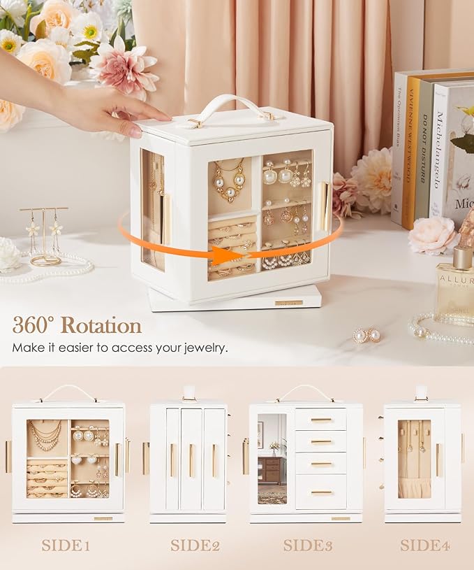 Homde Rotating Jewelry Box for Women: 7-Drawer Organizer with Clear Window | 4-Side Access Sorts Daily Jewelry - Jewelry Lovers Find Favorites Fast on Vanities - Display for Earring Ring Necklace