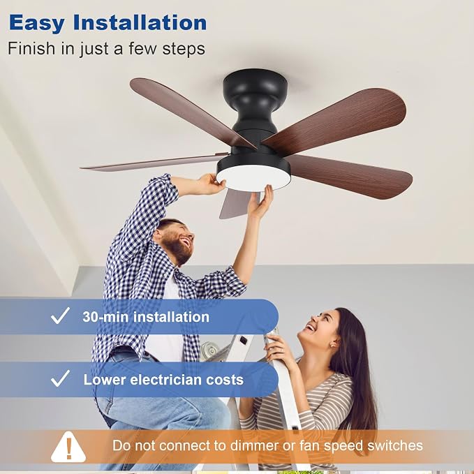 Depuley Small Ceiling Fan with Lights: 35-Inch Flush Mount Fan with Light and Remote - Low Profile Ceiling Fans Reversible Quiet DC Motor for Bedroom Living Room Indoor Outdoor, Walnut