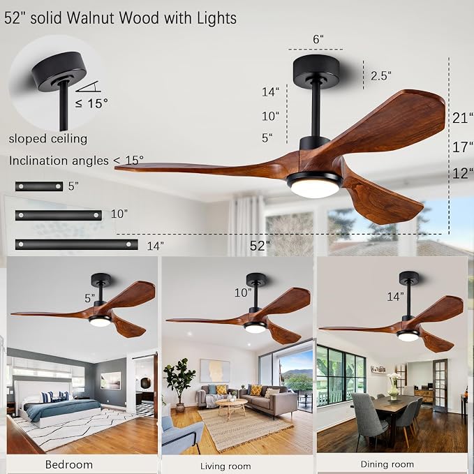 52 Inch Walnut Wood Ceiling Fan with Lights, DC Motor with Remote Control | solid walnut wood blades, dc inverter motor, remote control, dimmable led light, indoor outdoor for patio farmhouse office