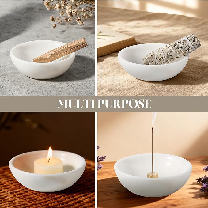 Koville Natural Marble Incense Holder, Incense Holder for Sticks with 9 Holes, Handmade Incense Burner Ash Catcher for Meditation Yoga SPA, Balsam Fir/Palo Santo/Sage/Cone (White)