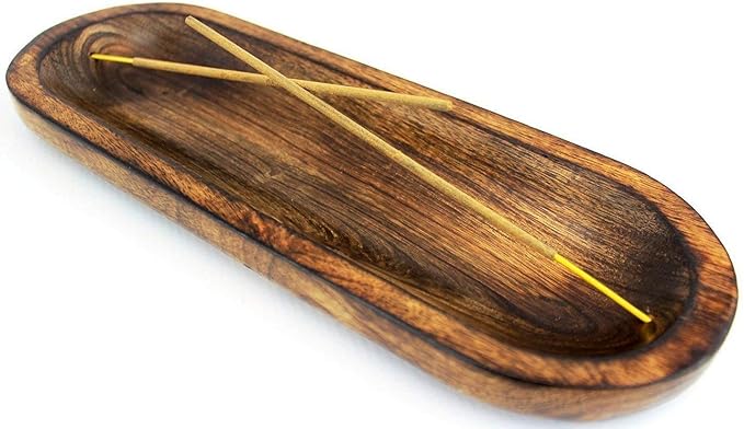 Dinil Incense Burner Holder – 11 Inch Natural Wood Ash Tray – Double Holes for Mixing Scents – Rustic Brown Finish – No Mess Elegant Design – Ideal for Yoga, Meditation Room, Home