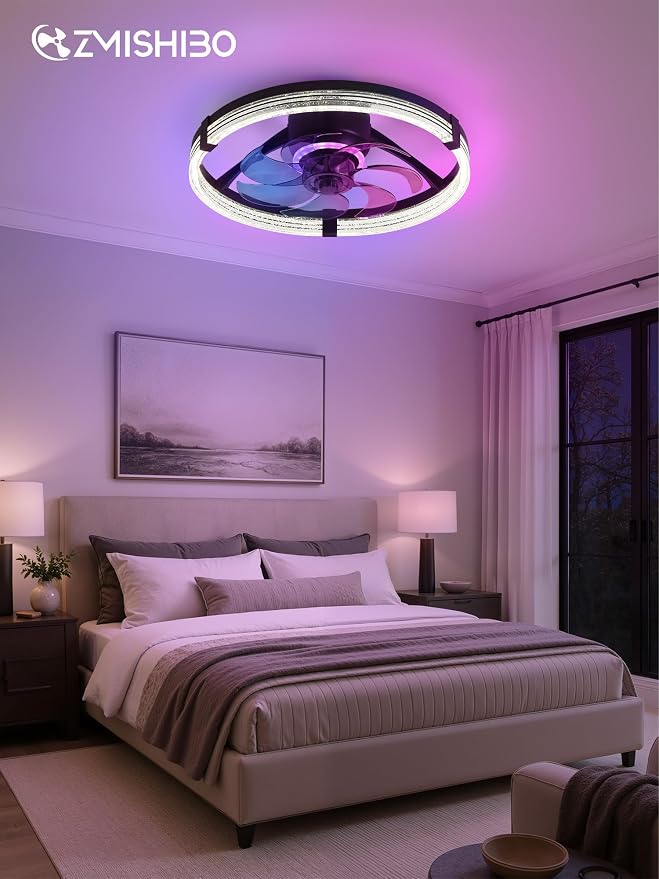 ZMISHIBO RGB Ceiling Fan with Light, 20'' Low Profile Ceiling Fans | Flush Mount Modern Ceiling Fan and Remote Control, 3000K-7000K Dimmable & RGB, Modern Fandelier for Bedroom, Living Room