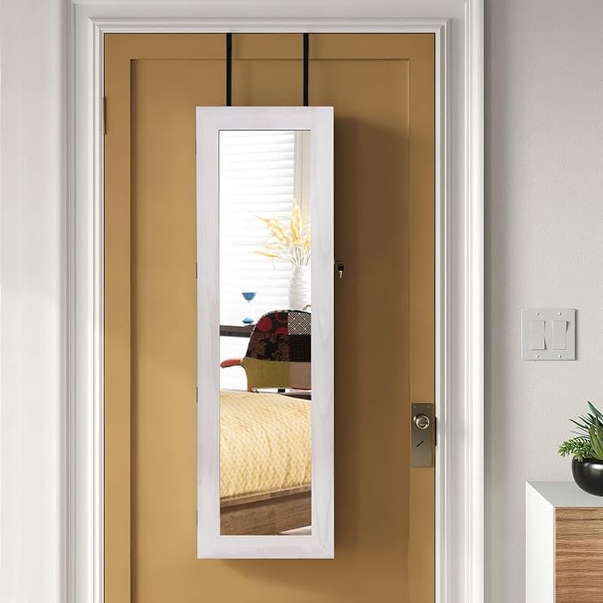 SRIWATANA Washed White Jewelry Cabinet with Full Length Mirror, Solid Wood | Wall & Door Mounted Wood Jewelry Armoire; Space-Saving Mirror Cabinet with Lockable Door & Large Capacity