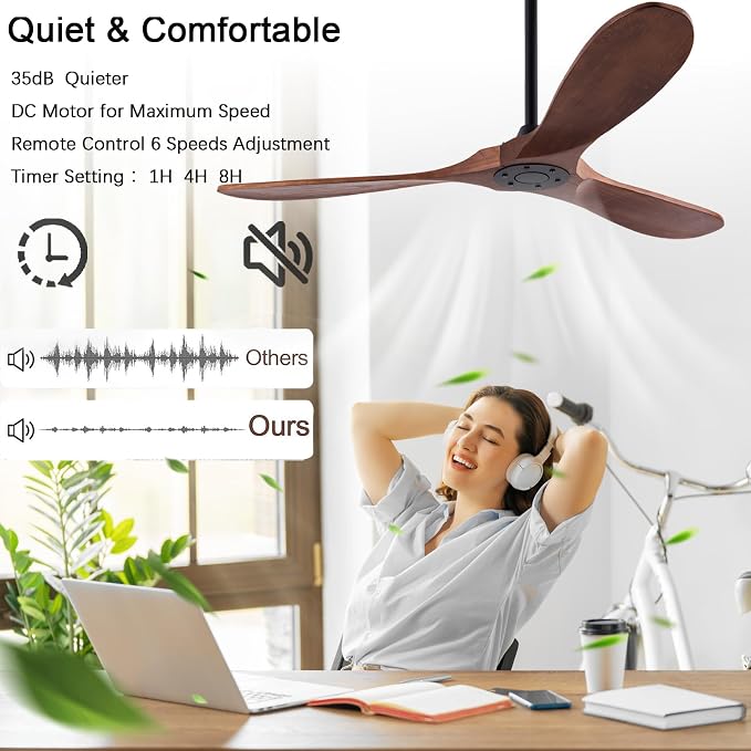 QUTWOB 52" Wood Ceiling Fan No Light, Reversible DC Motor, Remote Control | solid wood blades, quiet 6-speed reversible dc inverter motor, remote control, no light, for indoor outdoor patio living room