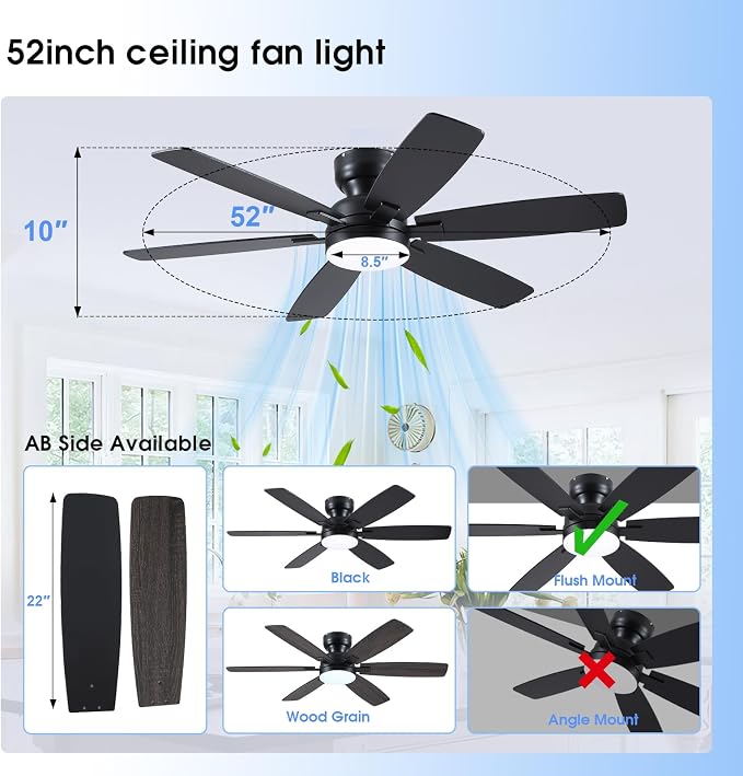 Kviflon 52" Ceiling Fans with Lights, Low Profile Ceiling Fan with Light and Remote/APP Control, Flush Mount Ceiling Fan with 6 Reversible Fan Blades, 3CCT, Dimmable, Quiet Motor for Bedroom Black