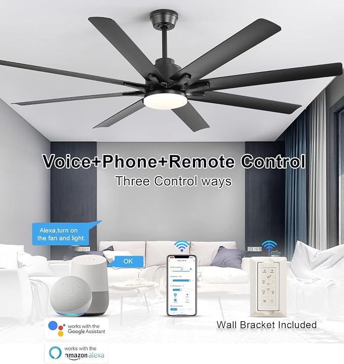 Sofucor 66" Smart Ceiling Fans with Lights, Indoor/Outdoor Ceiling Fan with Light and Remote, Compatible with Alexa/Google/App, Reversible DC Motor, 8 Blade Black Ceiling Fan Light for Patio Bedroom