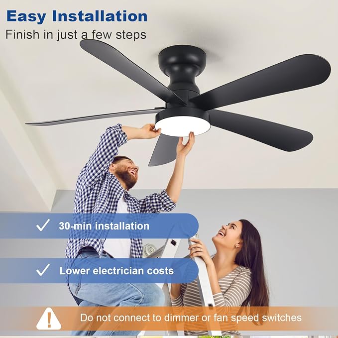 Depuley Black Ceiling Fan with Lights: 42-Inch Flush Mount Fan with Light and Remote - Low Profile Ceiling Fans Reversible Quiet DC Motor for Bedroom Living Room Indoor Outdoor