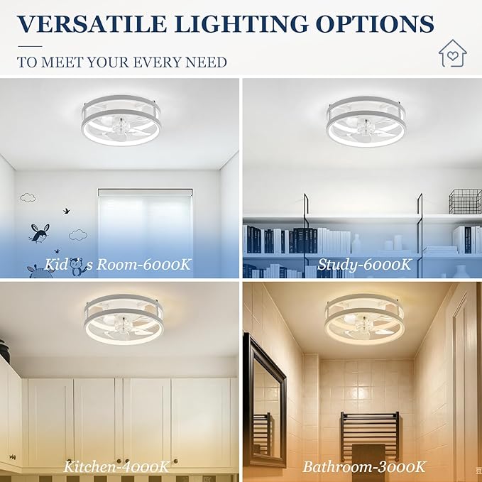 13 Inch Small Ceiling Fan with Light and Remote, Low Profile Flush Mount Fandelier, Dimmable 3CCT Quiet LED Ceiling Fans for Bedroom, White