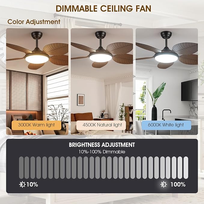 Wiviniya 48 Inch Tropical Ceiling Fans with Lights, Palm Leaf Outdoor Ceiling Fan with Light for Patios Porch Bedroom Living Room, Remote/APP Control, Reversible Quiet DC Motor, Dimmable LED, Brown