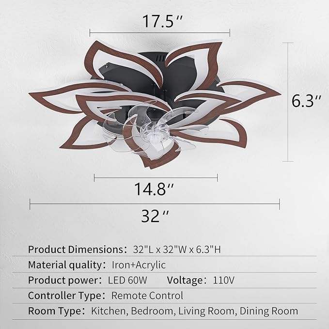 32inch Flower Modern Ceiling Fans with Lights, Low Profile Ceiling Fan with Remote for Bedroom, Flush Mount Ceiling Fan with LED Dimmable Light,6-Speeds, Timing CeilingFan Light-Walnutcolor