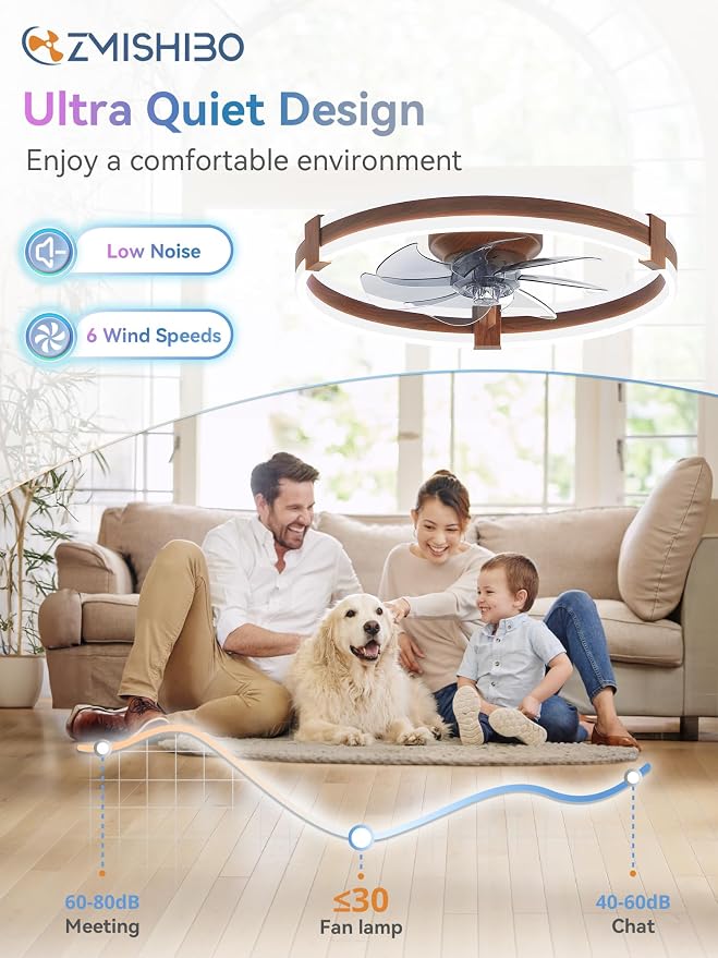 ZMISHIBO RGB Ceiling Fans with Lights and Remote, 20 inch Low Profile Ceiling Fan with Light, 3000K-6000K Dimmable & RGB, Modern Fandelier Flush Mount Ceiling Fan, Small LED Fan for Bedroom,Walnut