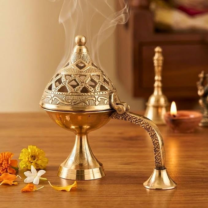 DSH CRAFTING YOUR CURIOSITY Dsh Home Purifying Brass Dhuna Loban Burner Dhooni Dhoop Dani Dhuni Brass Table Dhoop Dani Incense Burner for Loban. (Medium)