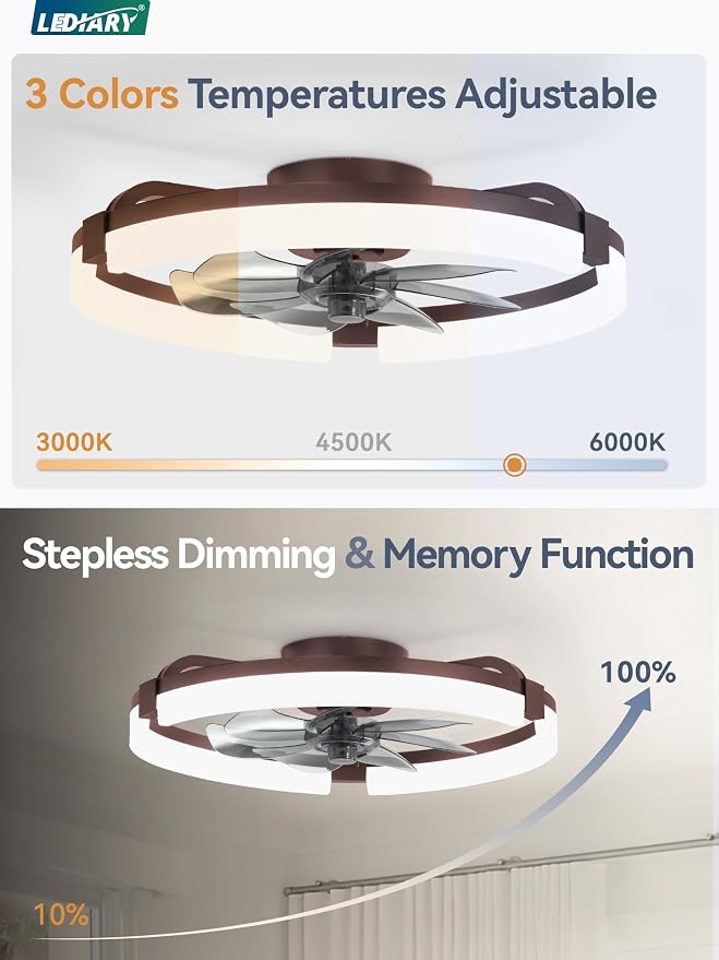 LEDIARY 20" Ceiling Fans with Lights and Remote, Modern Low Profile Ceiling Fan, 3 CCT, Stepless Dimmable, Fandelier Flush Mount Fan Light, 6 Speeds, DC Motor, App & Remote Control for Bedroom(Brown)