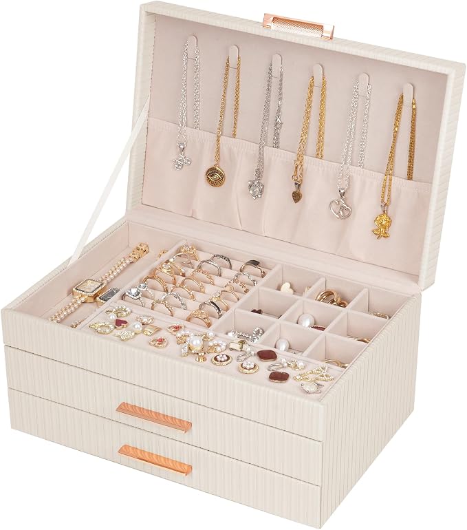 Dajasan Jewelry Box Organizer, 3-Tier Jewelry Storage Organizer with 2 Drawers, Large Jewelry Boxes for Women, PU Leather Surface with Texture, Gift Idea, Modern Style (Beige)
