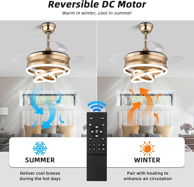 Retractable Ceiling Fan with Lights,Dimmable,6 speeds,DC Motor,Modern DIY Ceiling Fan with Lights Remote Control for Bedroom Living Room Kitchen (Gold, 36 inch)