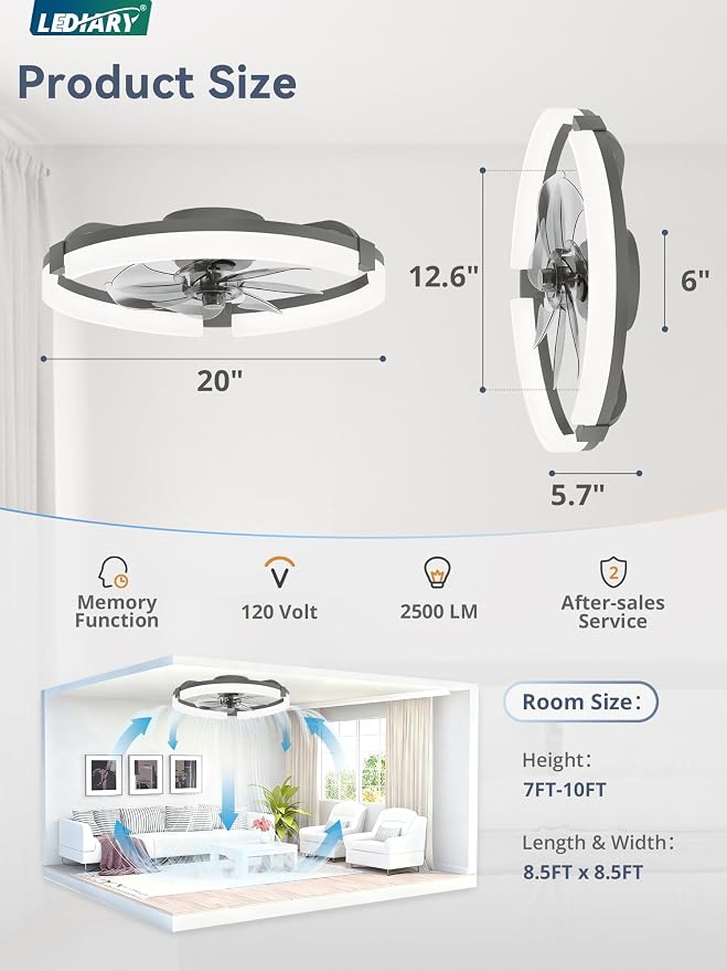LEDIARY 20" Ceiling Fans with Lights and Remote, Modern Low Profile Ceiling Fan, 3 CCT, Stepless Dimmable, Fandelier Flush Mount Fan Light, 6 Speeds, DC Motor, App & Remote Control for Bedroom(Gray)