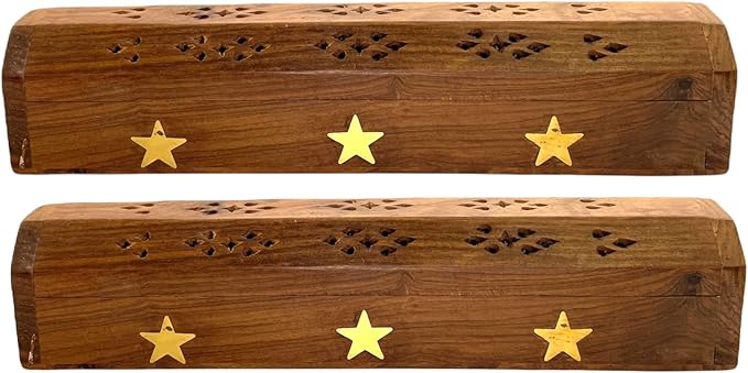 2 Pack Wooden Coffin Incense Sticks Burner - 12 Inches Brass Inlays - Storage Compartment (Large Star)