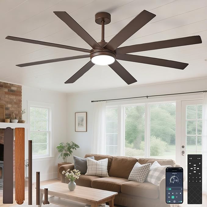 Depuley 66" Ceiling Fans with Lights: Large Indoor/Outdoor Ceiling Fan for Patios Living Room - 8 Blades Brown Dimmable Ceiling Fans with Remote APP Control Timer Reversible Quiet DC Motor 6 Speeds