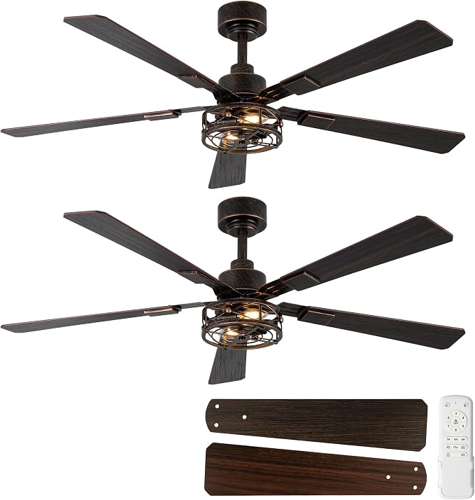 52 Inch Ceiling Fans with Lights and Remote, Farmhouse Caged Flush Mount Ceiling Fan, 6-Speed Quiet and Reversible DC Motor Ceiling Light Fixtures for Bedroom, Living Room, Black and Gold, 2 Pack