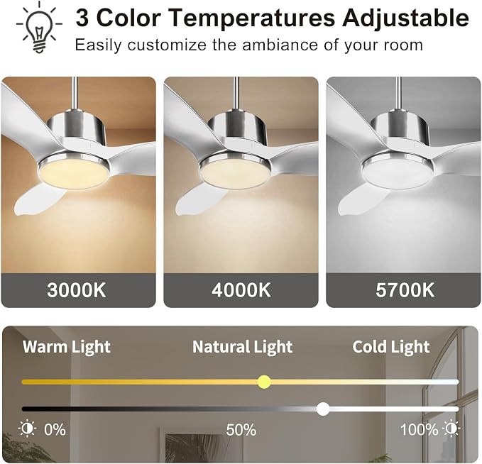 52 Inch Silver Ceiling Fan with Lights and Remote High CFM 3 Blades | Quiet DC Motor, Sleek, Reversible Motor, Timer, 6 Speeds, for Indoor Outdoor Bedroom Living Room Kitchen
