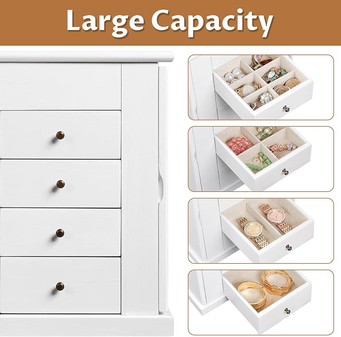 Emfogo Jewelry Box for Women, 5 Layer Large Wood Jewelry Boxes & Organizers for Necklaces Earrings Rings Bracelets, Rustic Jewelry Organizer Box with Rattan, Drawers and Mirror(Vintage White)