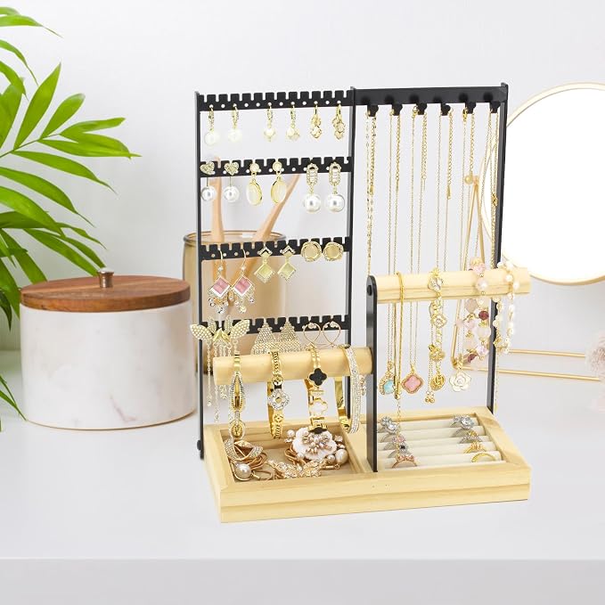 Jewelry Holder Organizer Jewelry Stand, 4-Tier Necklace Stand Earring Holder with Wooden Tray, Jewelry Rack for Bracelets Watches and Rings Display Stand, Gifts for Women & Girls-Black