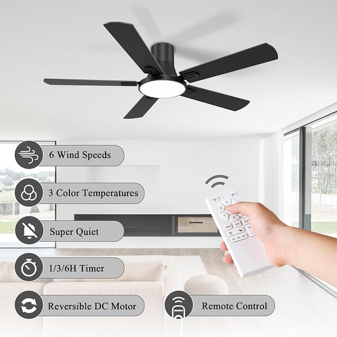 SNJ 52 Inch Black Ceiling Fans with Lights and Remote,Flush Mount Low Profile 5 Blades Ceiling Fan,Dimmable Quiet Reversible DC Motor for,Living Room,Bedroom and Patio