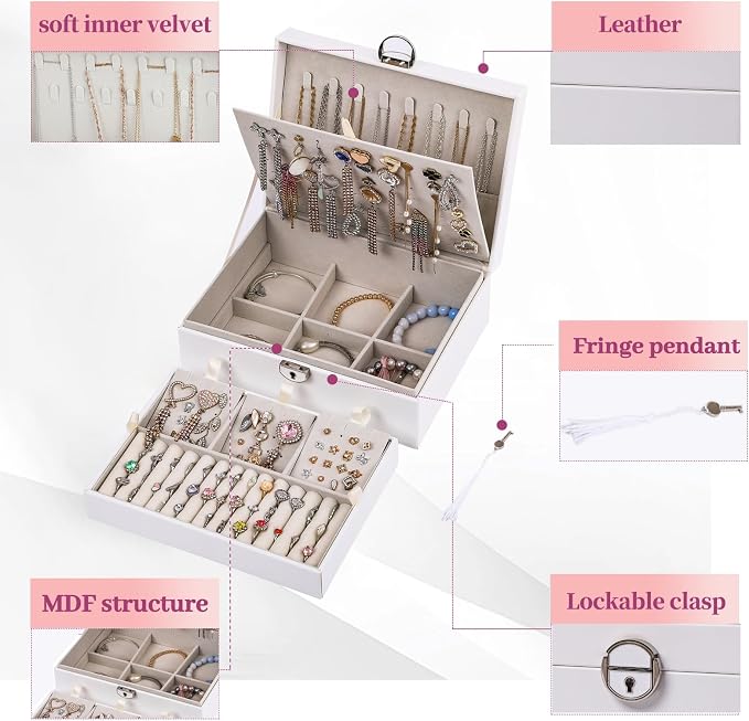 BOOVO Large Jewelry Boxes For Women(White, 4 layer) | 4 Layers Jewelry Organizer Box With Cosmetic Storage Drawer, Necklace Ring Jewelry Organizer Box