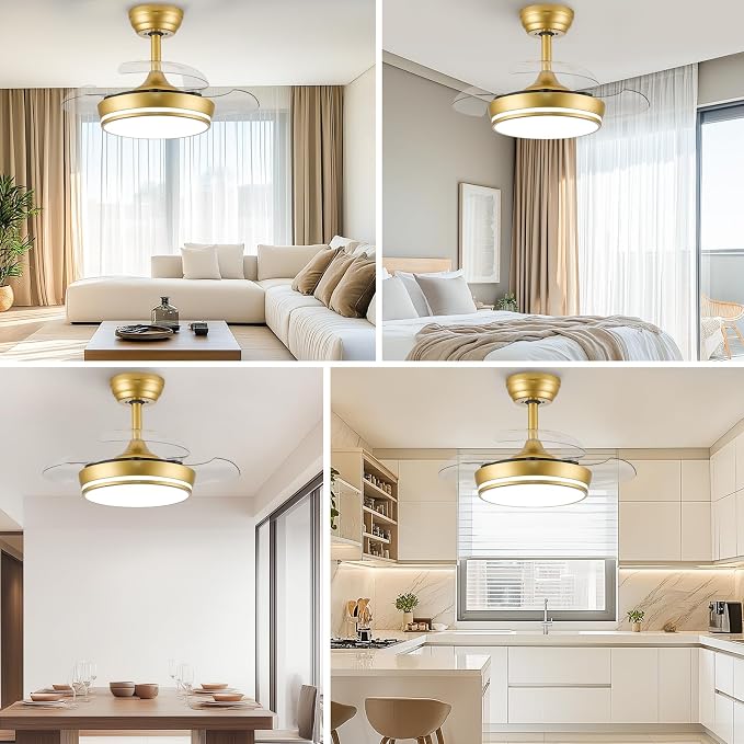 STERREN 30" Retractable Ceiling Fans with Lights, Dimmable LED Ceiling Fan Remote Control, Modern Small Fan Light for Bedroom Living Room Dinning Room Kitchen, 3000K-6500K, 6 Speed (Golden)