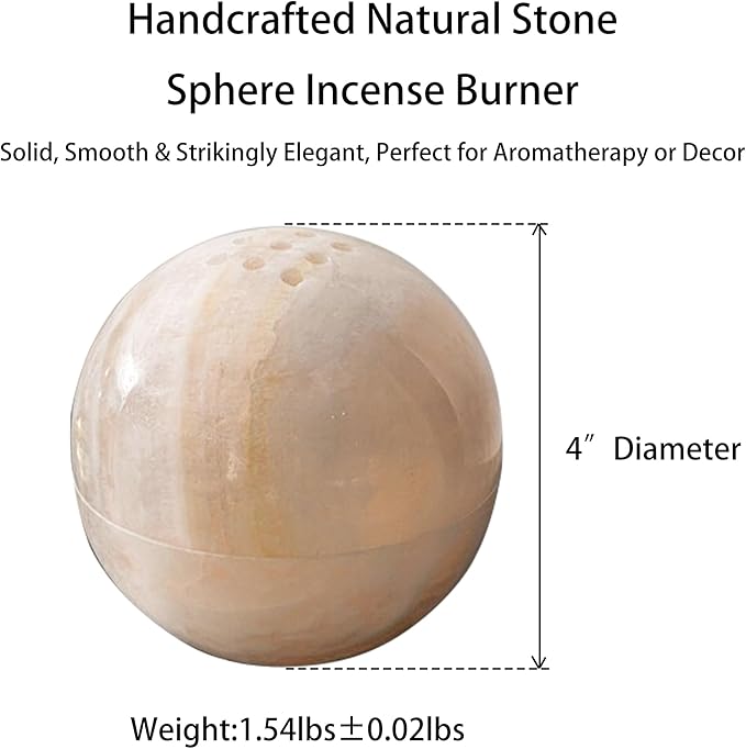 Natural Stone Sphere Incense Holder: 4" D Luxury Handmade Aromatherapy Burner for Meditation, Yoga & Home Décor, Multi-Hole Design, Pink Onyx