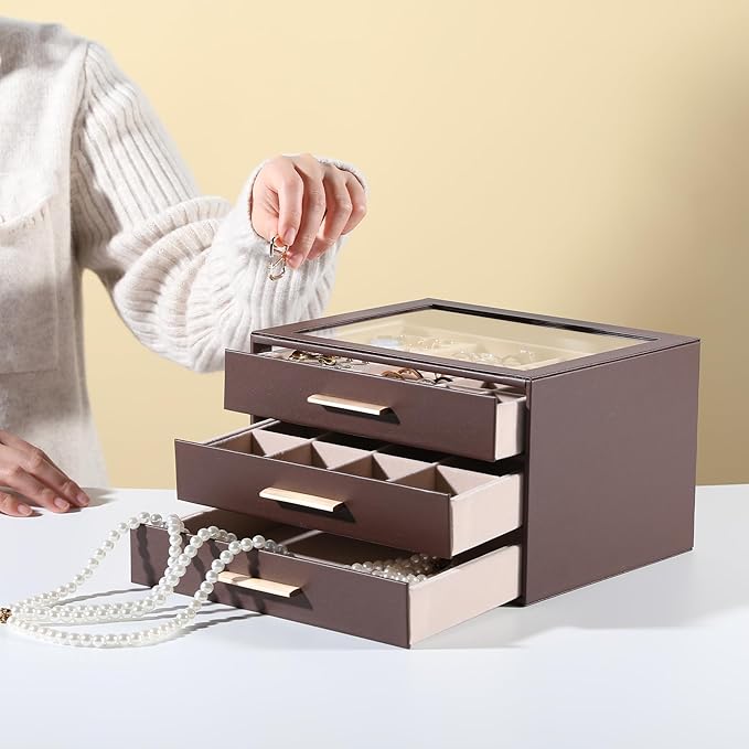Frebeauty Jewelry Box for Women,Clear Lid Jewelry Organizer with 3 Drawers | Faux Leather,Velvet Lining,3 Layers,Jewelry Storage for Ring Earring Stud,Dustproof Design,Gift Choice,Golden Stylish Handle