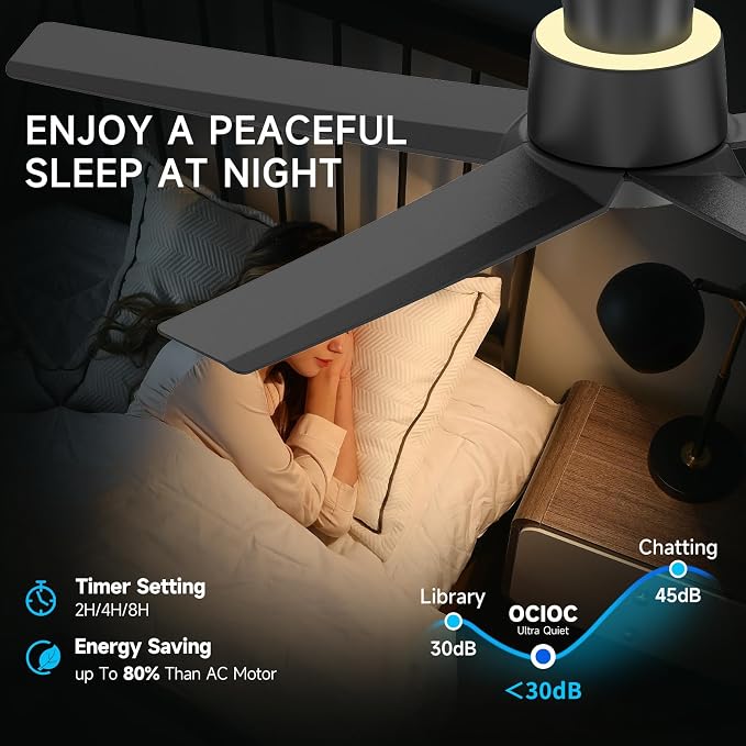 ocioc 44 Inch Ceiling Fans with Lights, Large Air Volume Ceiling Fan with Nightlight, Ultra Quiet Reversible DC Motor with Remote（Black）
