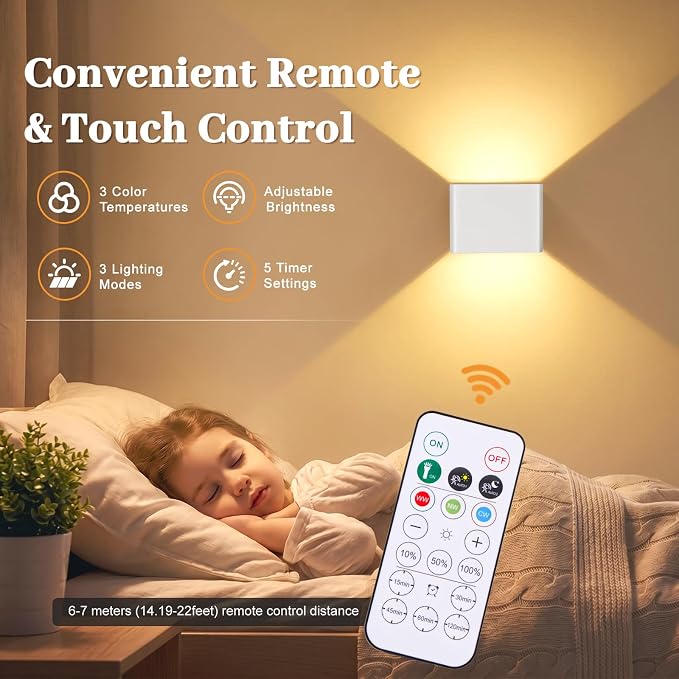 Rechargeable Motion Sensor Wall Light Indoor Set of 2, 6000mAh Cordless Battery Operated Wall Sconce Up Down with Touch & Remote Control, 3 Colors Dimmable Battery Powered Stick On Wall Lights, White