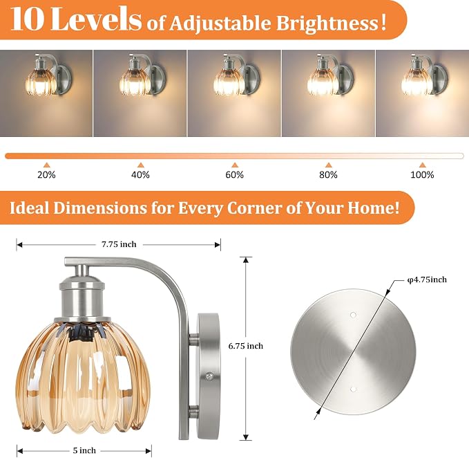 Rechargeable Battery Operated Wall Sconce Set of Two with Amber Glass Lampshade, Wireless Wall Scone Decor with Remote Control, 15 Colors Brushed Nickle Wall Light for Bedside Hallway Bedroom Doorway
