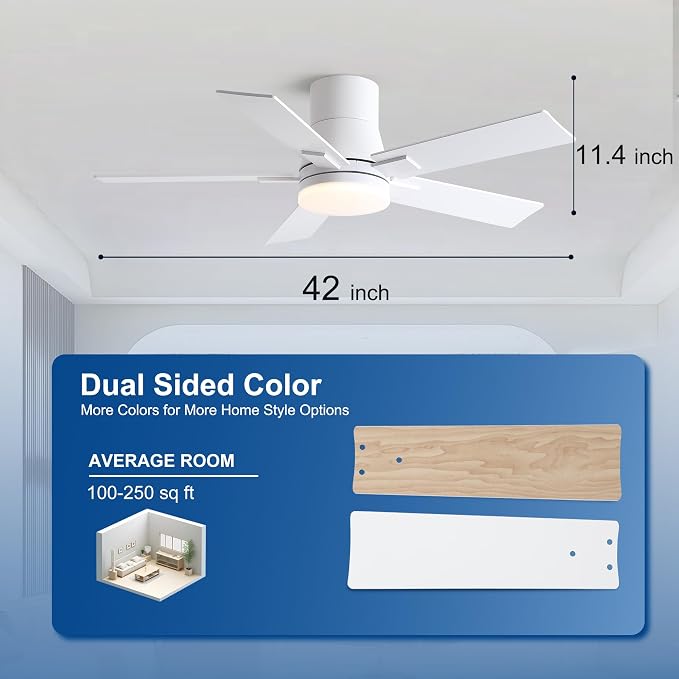 Rayqueen 42 Inch Flush Mount White Ceiling Fans with Lights and Remote | 6 Speed Reversible DC motor,3-color temperature dimmable LED.For indoor/covered outdoor.Modern style for bedroom room