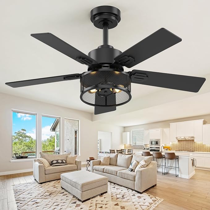 Farmhouse Ceiling Fans with Lights and Remote, 42 Inch Black Caged Ceiling Fan, Indoor/Outdoor Ceiling Fan with Dual-Color Blade Warm White Lighting for Bedroom, Patio, Kitchen, Living Room
