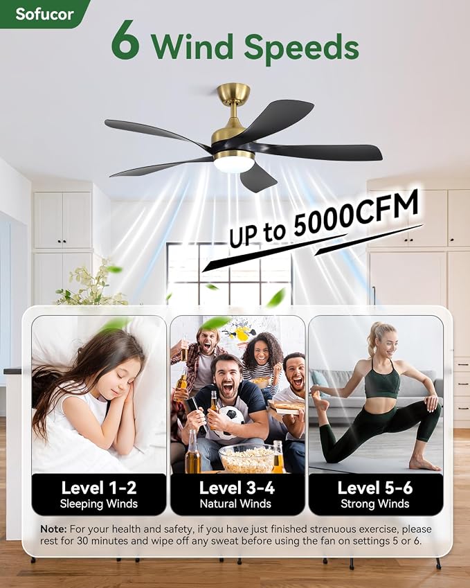 Sofucor 52" Smart Ceiling Fan, Indoor/Outdoor Ceiling Fans with Lights and Remote, Compatible with Alexa/Google/App, 3-Color Light 6-Speed Timing Reversible DC Motor for Bedroom Living Room Patio