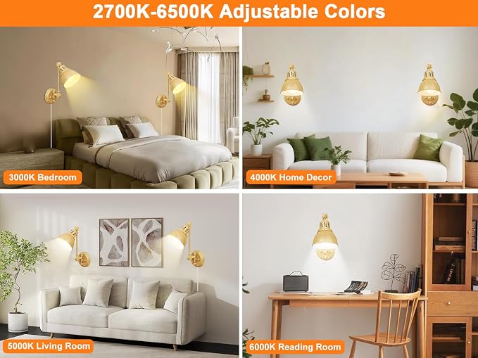 GOODATE 2 Pack Plug in Wall Sconces with Remote Control, Dimming, Adjustable Colors 2700K-6500K, Swing Arm Wall Lamps with Night Light & Timer, Plug-in or Hardwired, LED Bulbs Included, Oak Finish