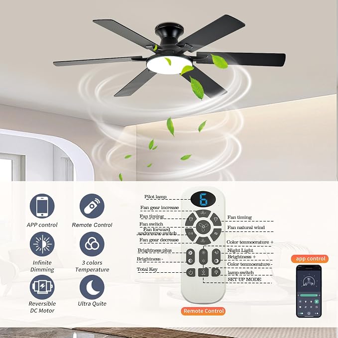Ceiling Fans with Lights,54 Inch Low Profile Ceiling Fan with Light and Remote Control,6 Speeds/6 Blade,Flush Mount,LED Dimmable DC Reversible Modern, Black Ceiling Fan for Bedroom/Living Room