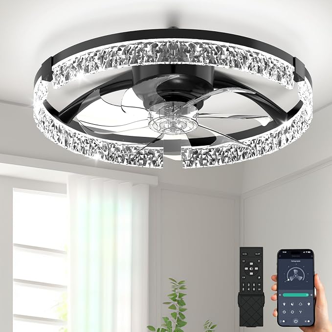 Ceiling Fans with Lights and Remote,20''Low Profile Ceiling Fan,3000-6000K Dimmable Modern Flush Mount LED Fan Light,6 Wind Speeds for Bedroom (Black, 20-inch Foldable Diamond)