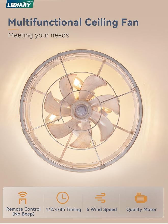 LEDIARY 20 Inch Fandelier Caged Ceiling Fan with Light, Bladeless Ceiling Fan with Remote, Small Farmhouse Fan Lights Ceiling Fixtures for Kitchen, Bedroom-White and Gold