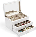 Meangood Jewelry Box Organizer for Women, 3 Layer Large Jewelry Storage Case, Rustic Wooden Jewelry Box with Mirror & Ring Tray for Necklace Earring Bracelets Rings, Vintage Style (White)