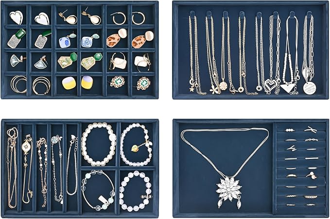ProCase Stackable Jewelry Organizer Trays for Drawers, Jewelry Drawer Inserts Container Display Case Storage for Earring Necklace Rings Bracelet with Removable Dividers -Darkblue, 4 Layers