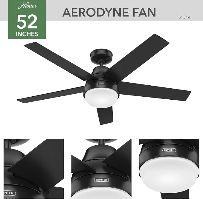 Hunter 52 inch Indoor Ceiling Fan with LED Light and Remote Control - Black Modern Smart Ceiling Fan, Standard Mount, 5 Blades, For Bedroom, Living Room, or Kitchen, Quiet- Aerodyne 51314, Matte Black | with LED Light and Remote Control, Standard Mount...
