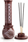 Marble Handmade Soapstone Red Incense Stick Holder | Candle Burner | Tea Light Holder - Round Jaali Carving for Gifting. Decorative Home and Office Decor - (3 X 3 X 10 Inches)